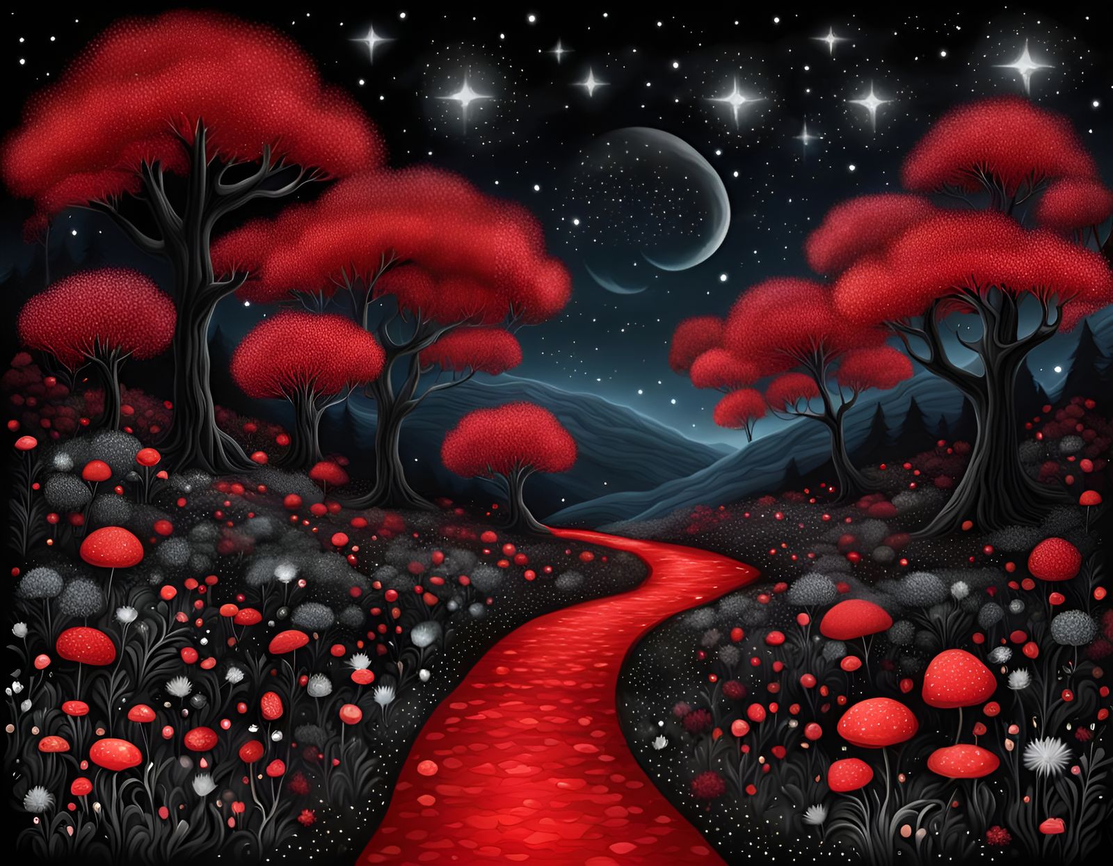 Path through whimsical red fantasy enchanted forest