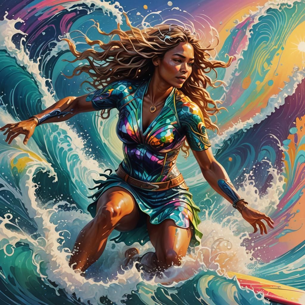 Crystal clear psychadelic surf goddess riding wave