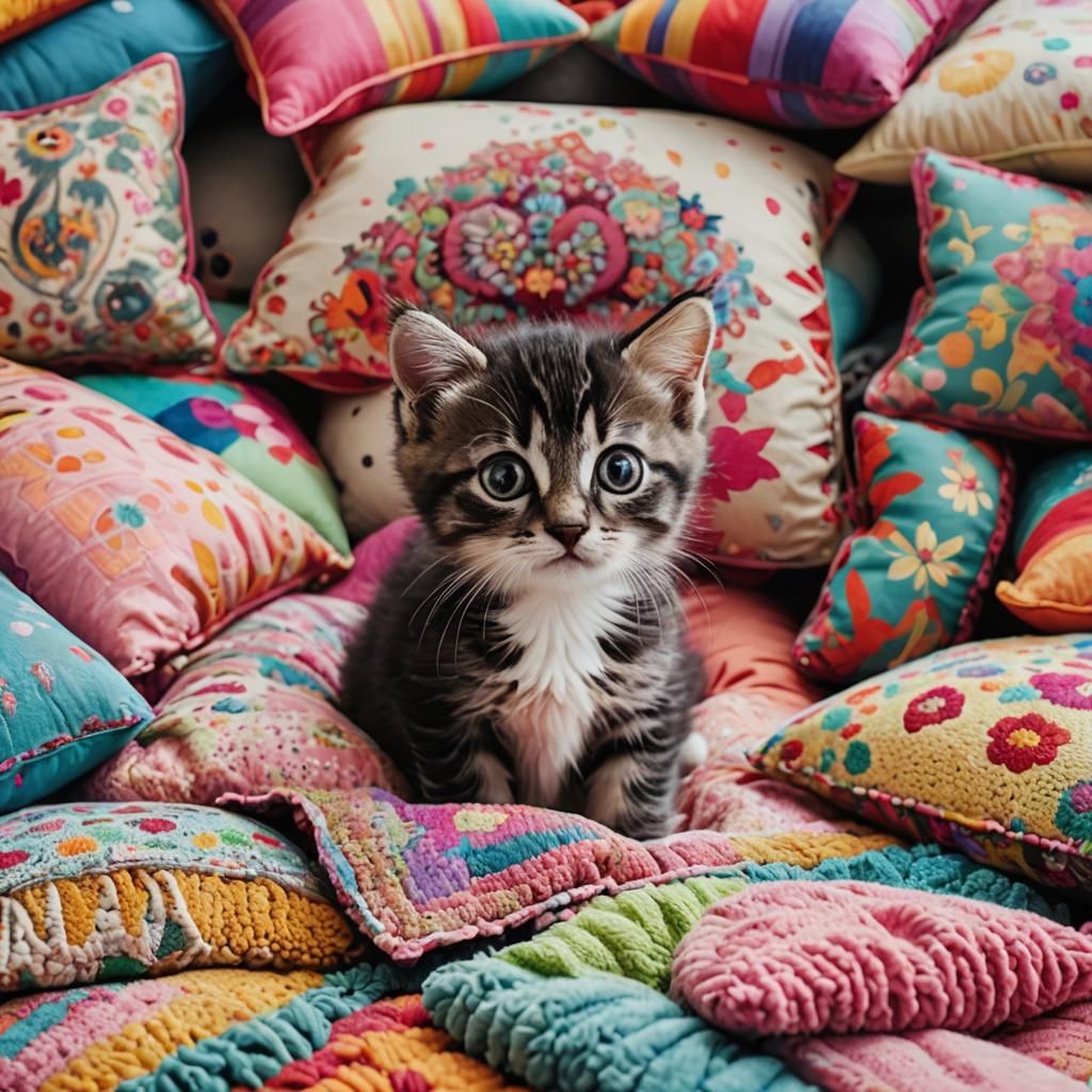 Sweet Kitten with Big Eyes Among Colorful Cushions
