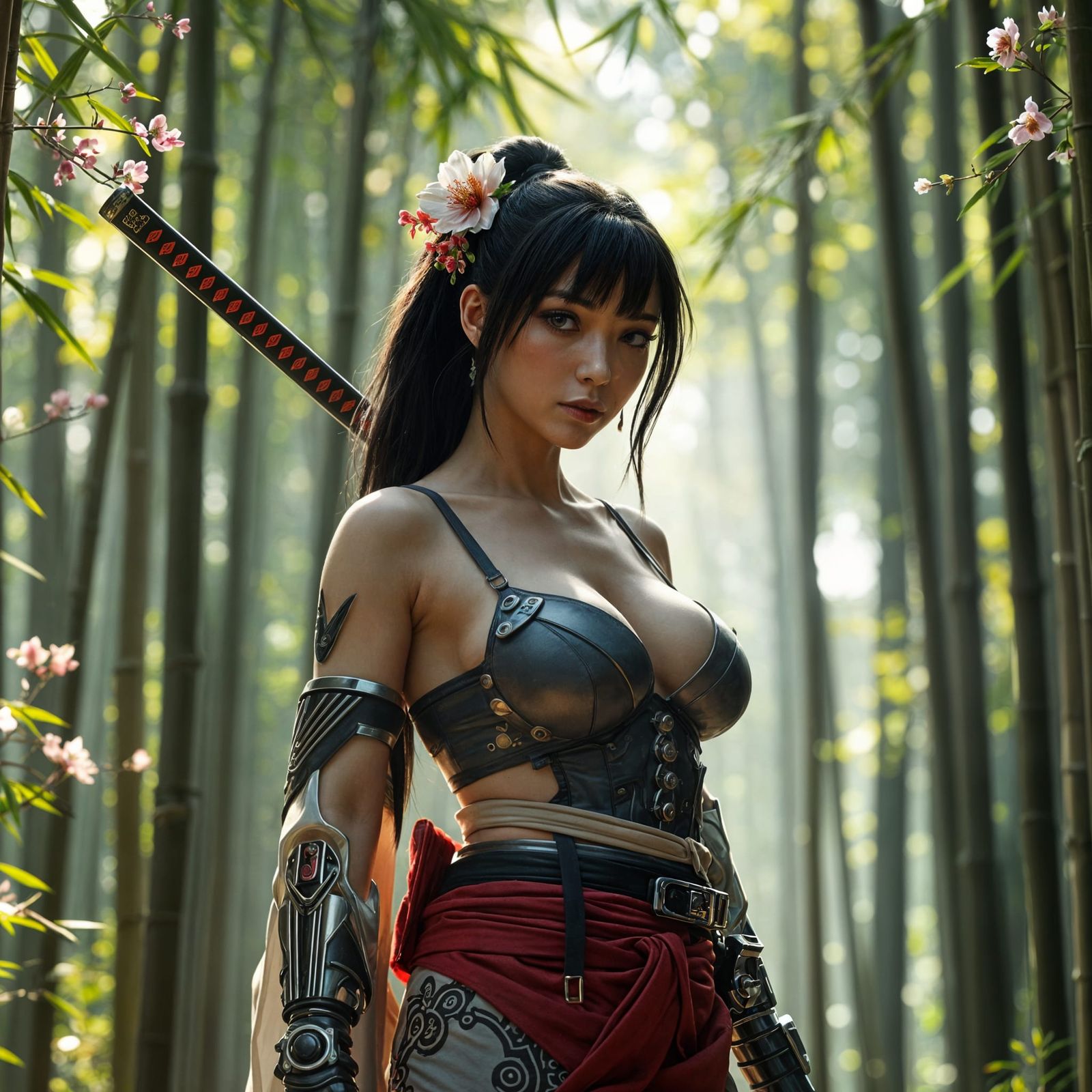 Cybernetic Geisha Warrior in Bamboo Forest