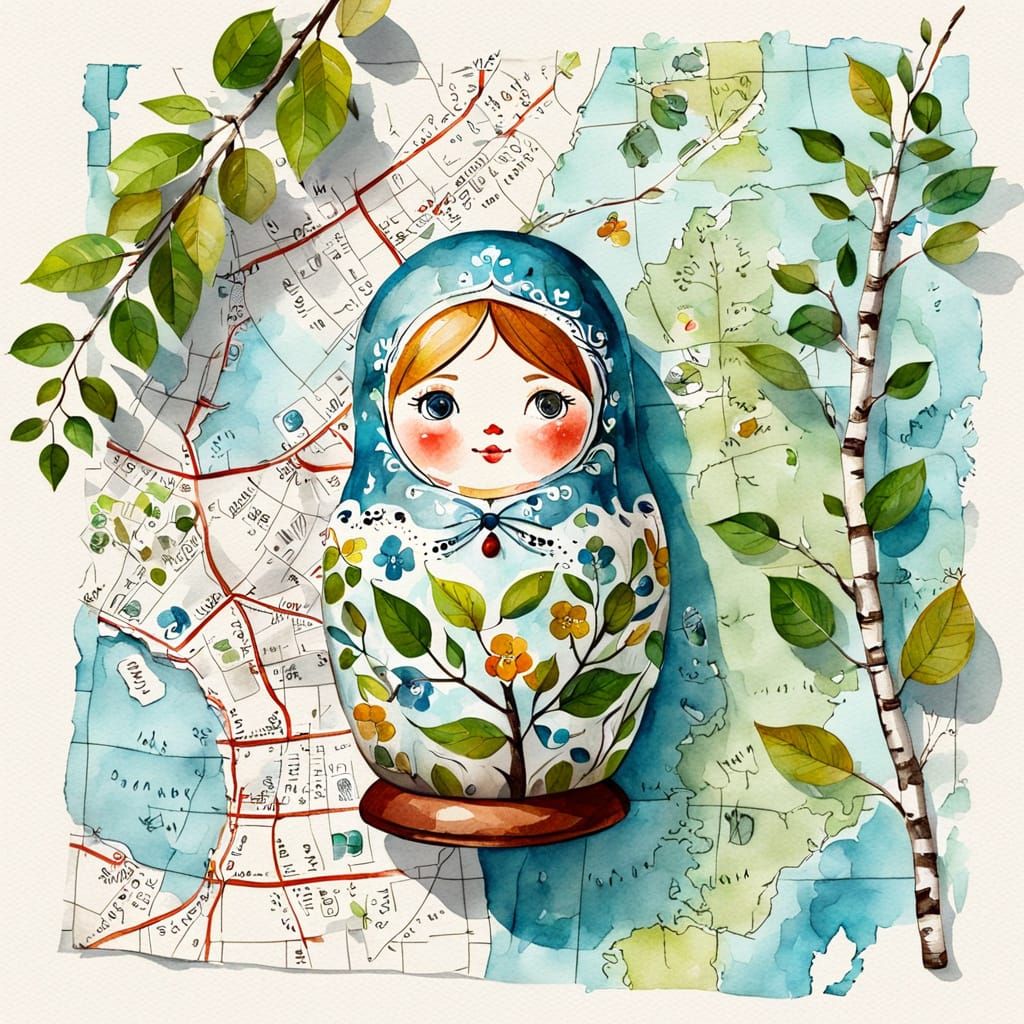 Watercolor Collage: Russian Matryoshka and Birch
