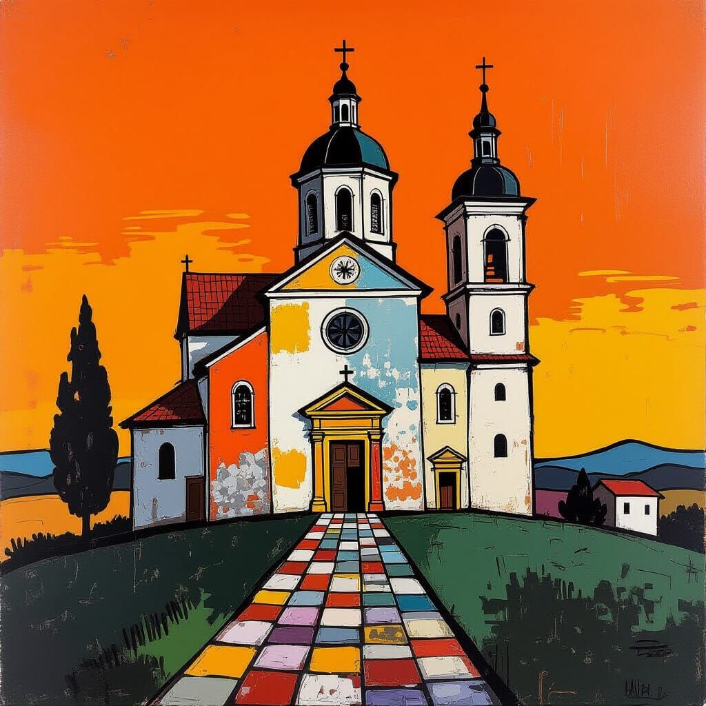 Banksy-esque Church with Abstract Retro Design