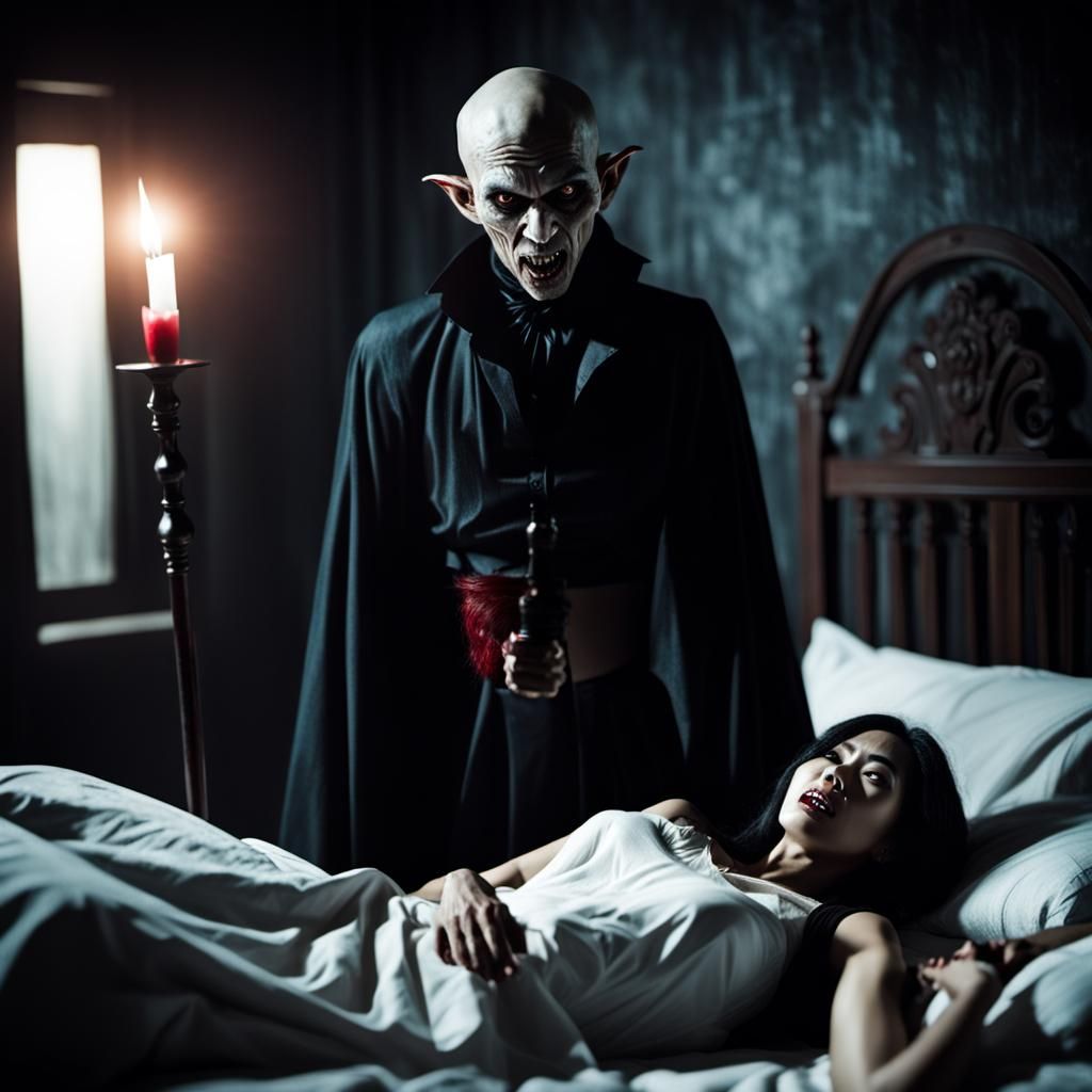 Dark horror movie scene, Male Nosferatu vampire attacking 18yo Indonesian girl in her bed, gothic horror movie, low-lit...