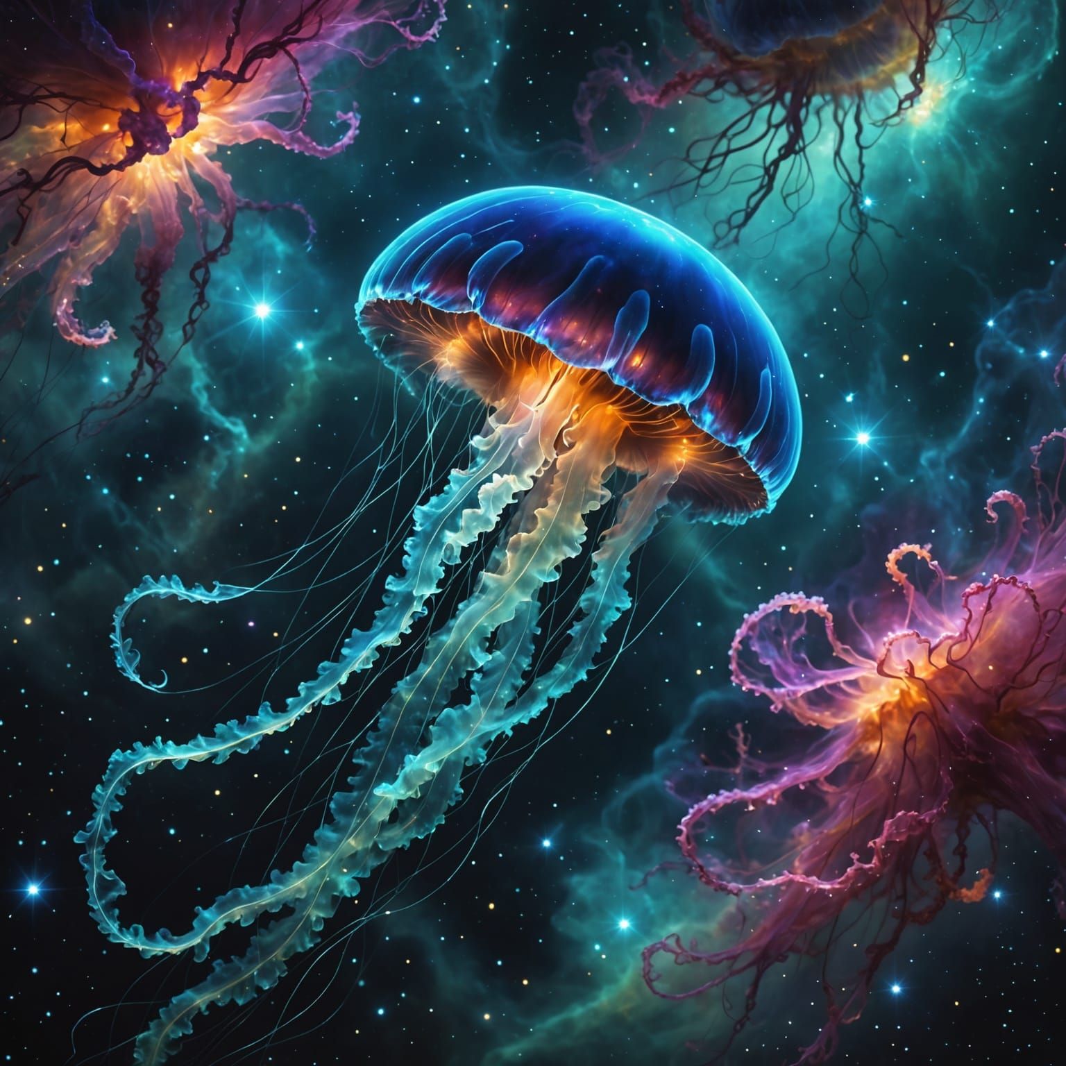Bioluminescent Jellyfish in Cosmic Nebula Digital Matte Pain...