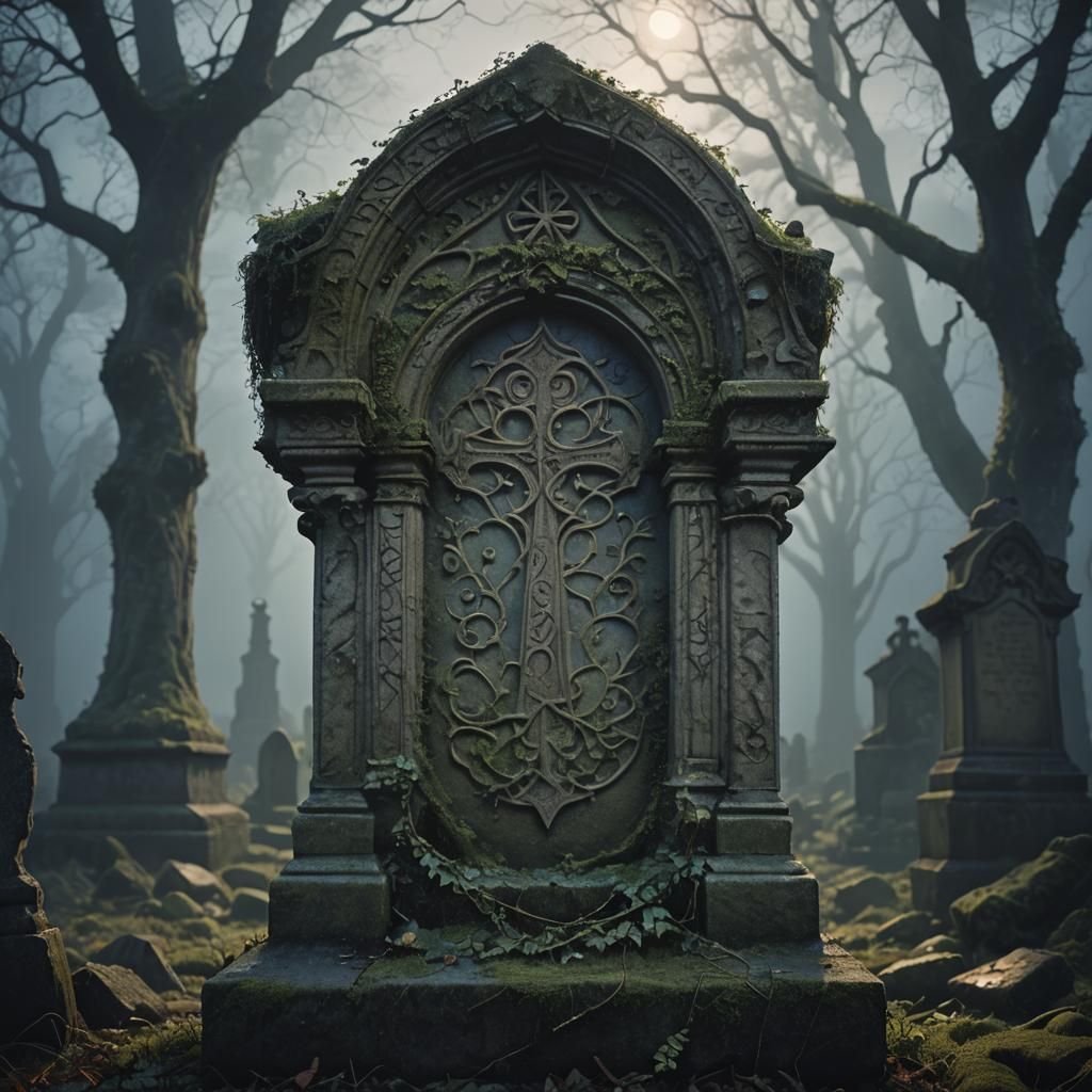 Mystical Gravestone in Moonlit Gothic Graveyard