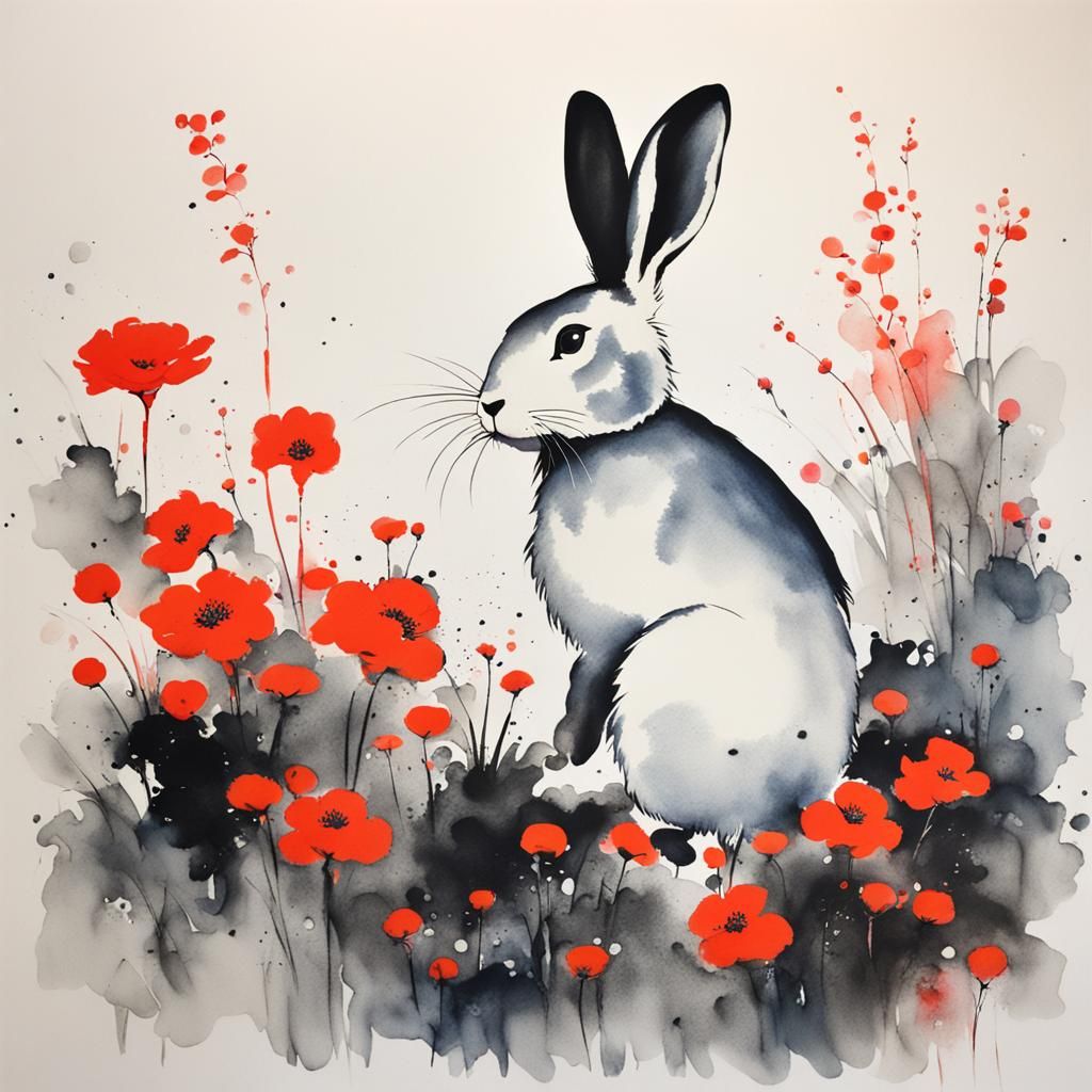 Minimalist Chinese Ink Painting of a White Rabbit