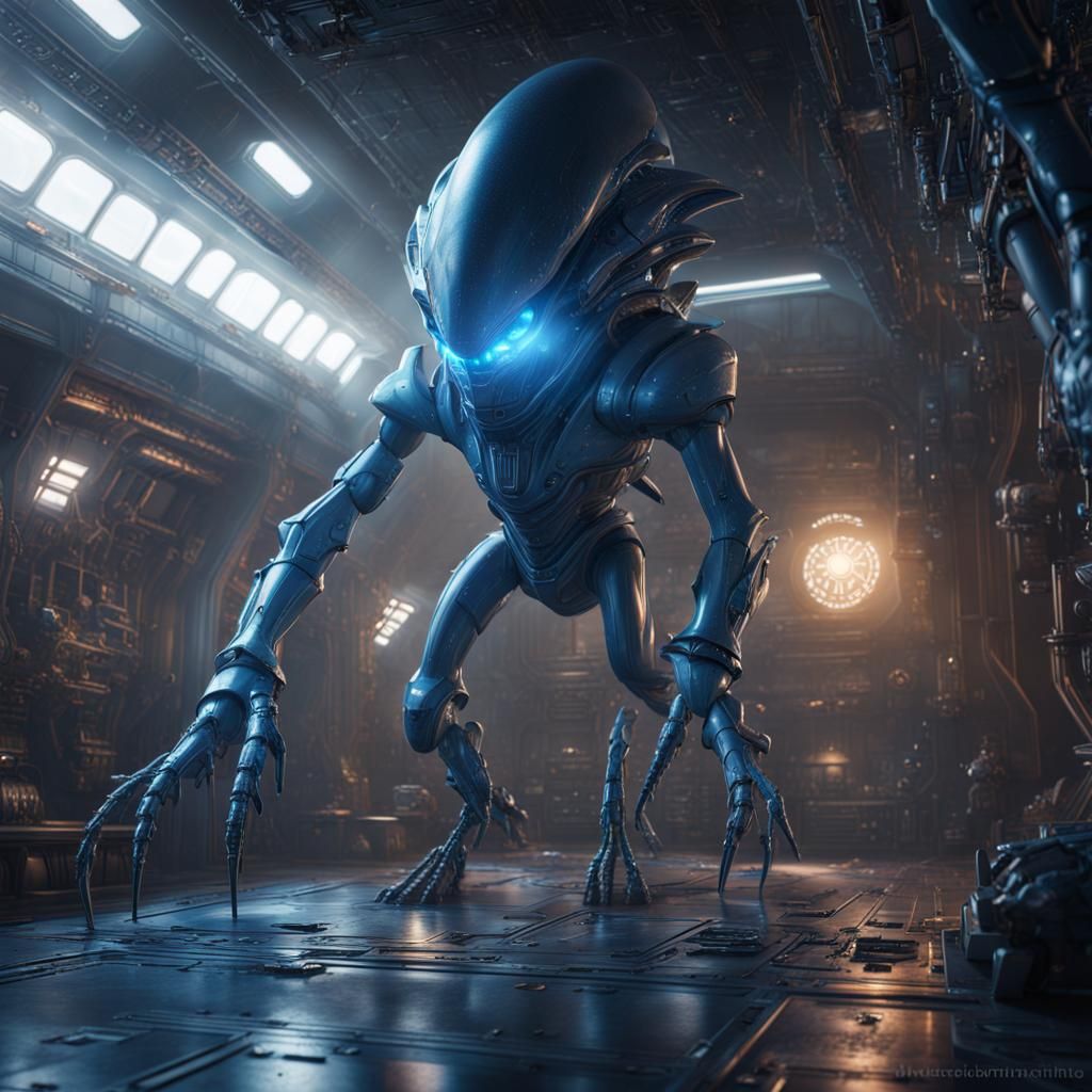 Alien Spacecraft Interior with Blue Humanoids