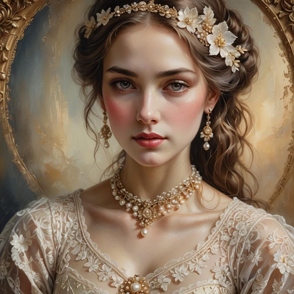 Romantic Oil Painting of Woman's Bosom with Pearls