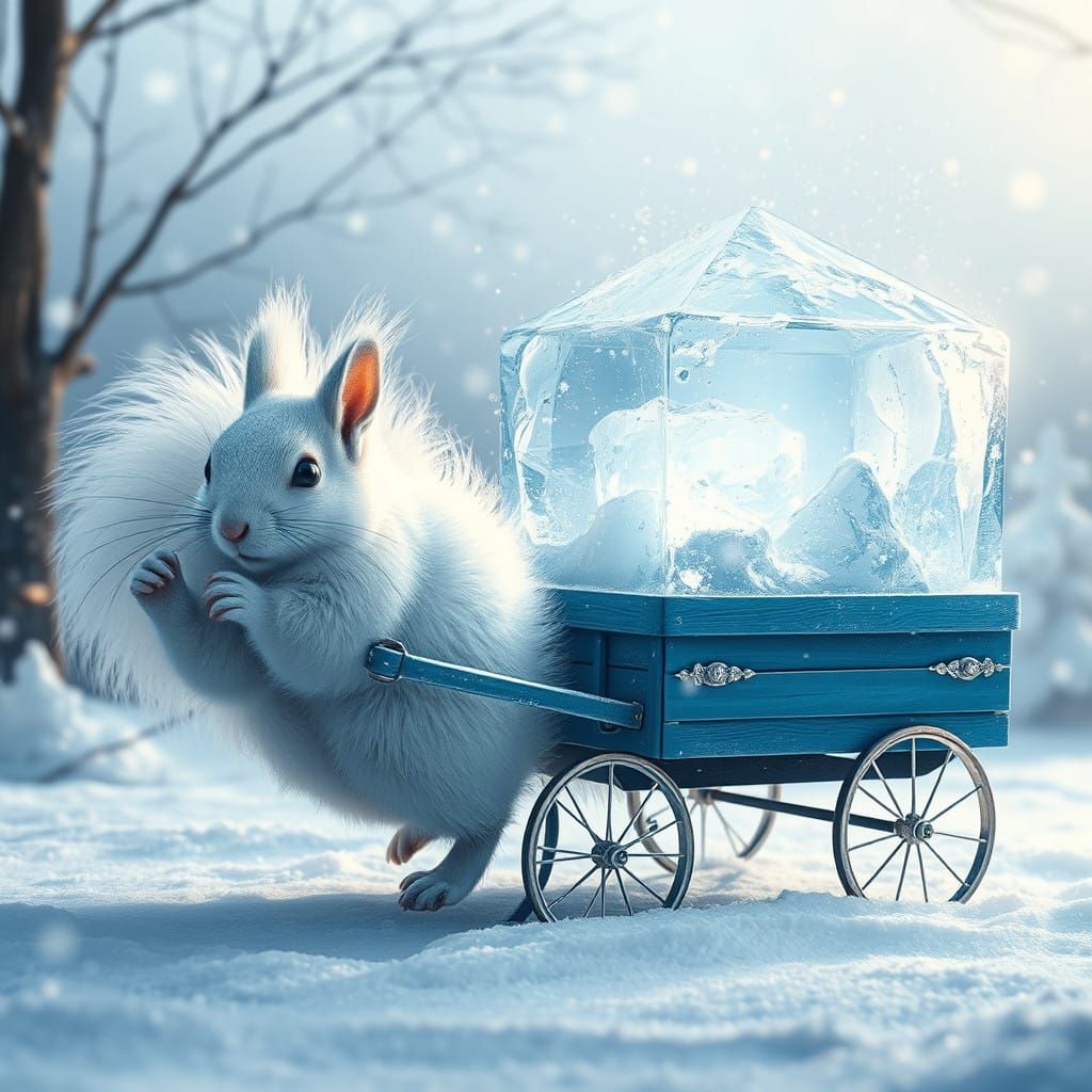 A Majestic Squirrel Pulls a Sparkling Winter Wagon in a Drea...