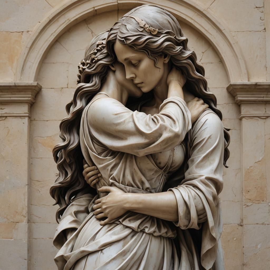 beautiful hugging lesbian couple statue sculpture, award-winning, a masterpiece, broken sculpture, inspired by the works...