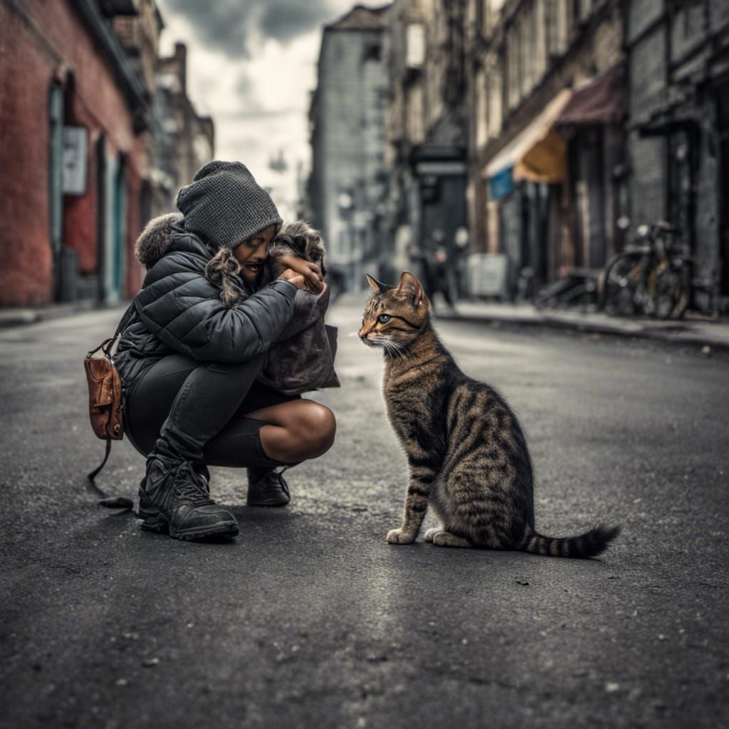 Homeless Kitten and Human Pet in Hyperrealistic Style