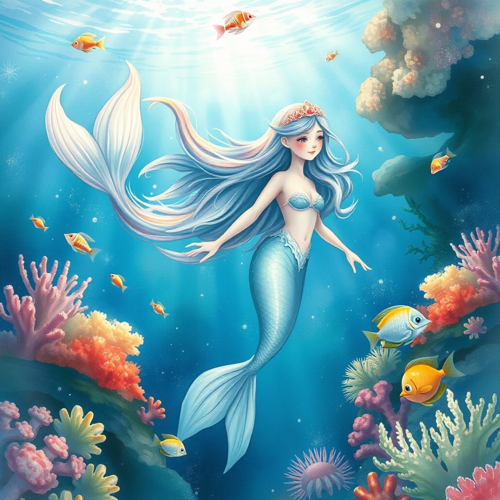 Underwater Mermaid in Watercolor Style