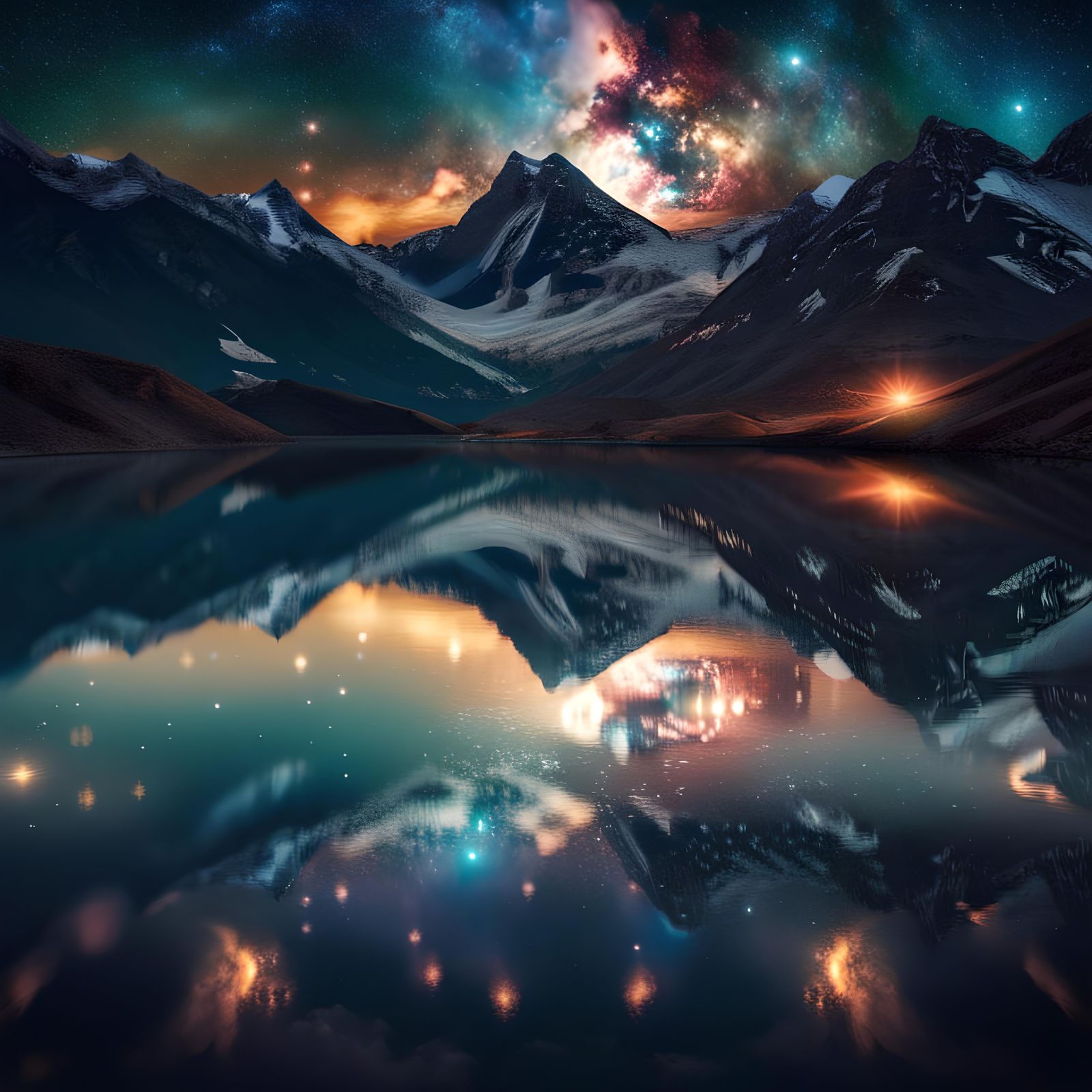 Galaxy Reflection in Mountain Lake: Hyperrealistic HDR Image
