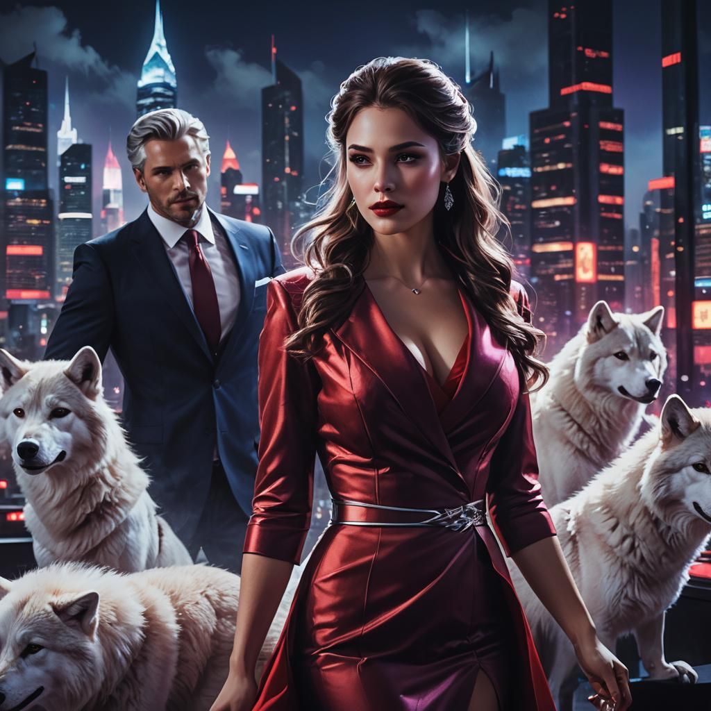Fantasy Couple with Wolves Overlook Cyberpunk Cityscape
