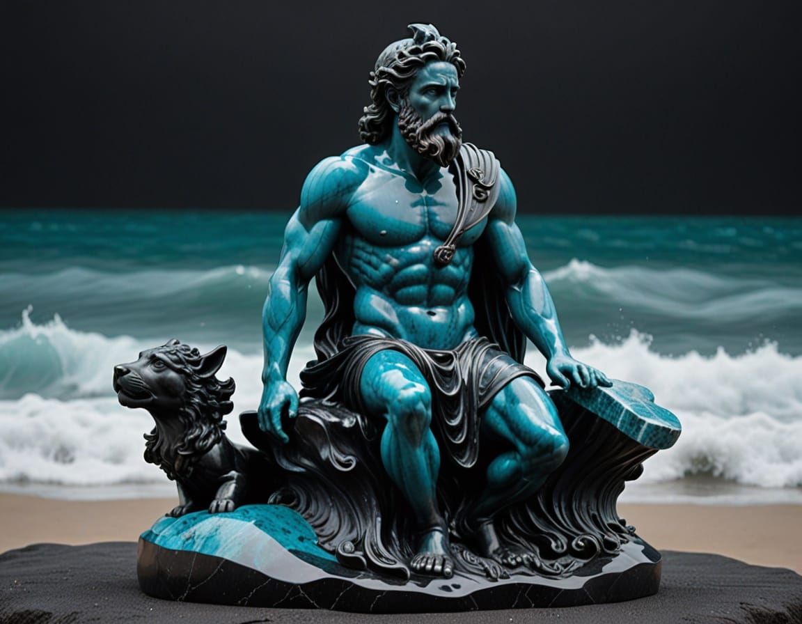 Neptune Sculpture Made of Neptunite and Larimar