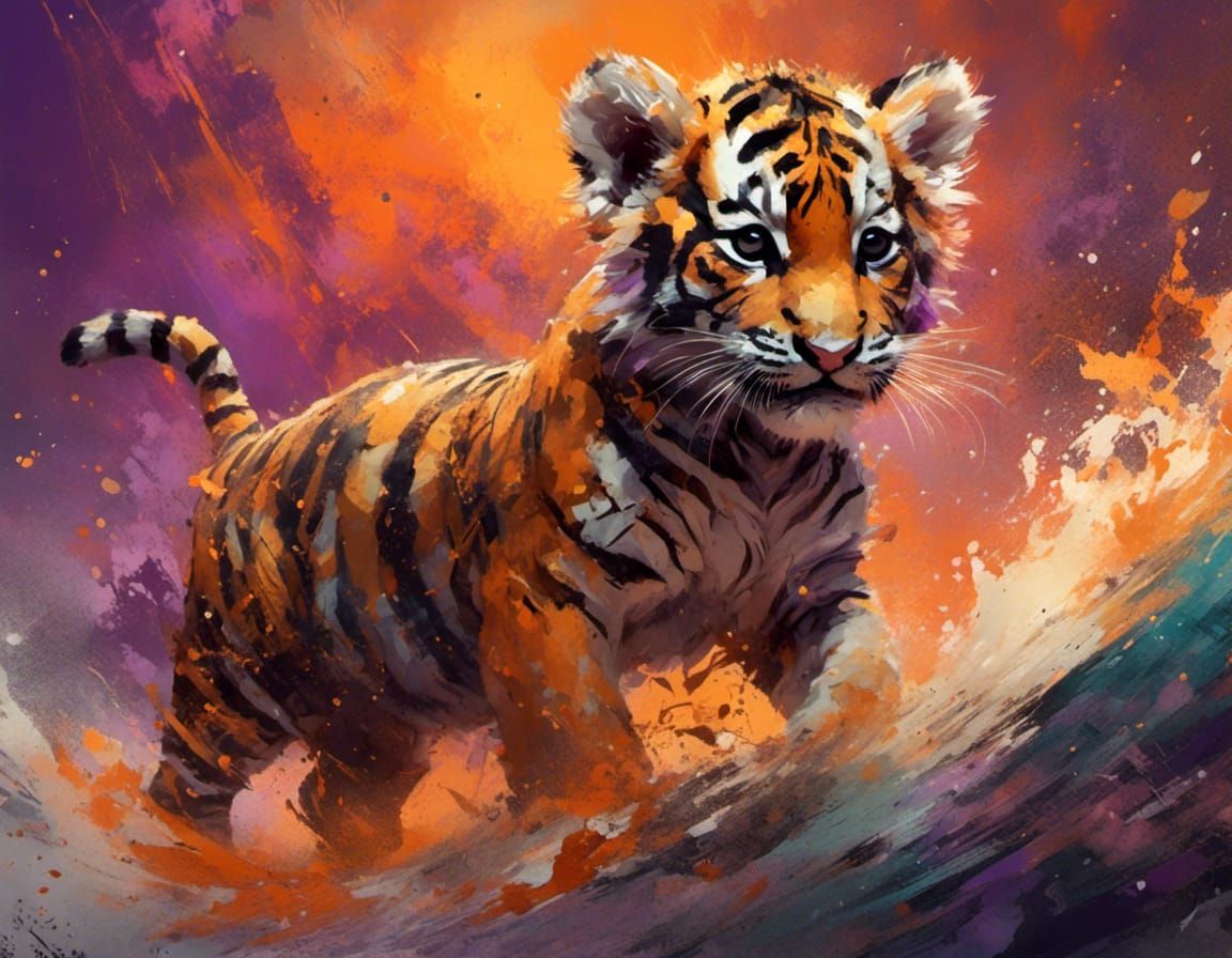 Baby Tiger Cub at Sunset in Splash Art Style