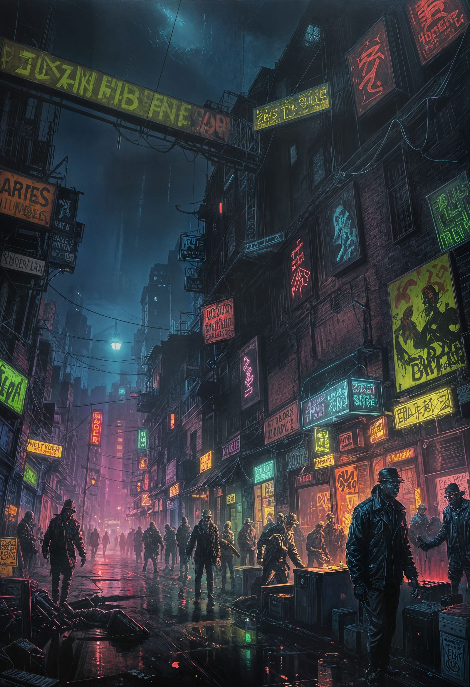 Neon Zombie Horror in Noir Acrylic Style