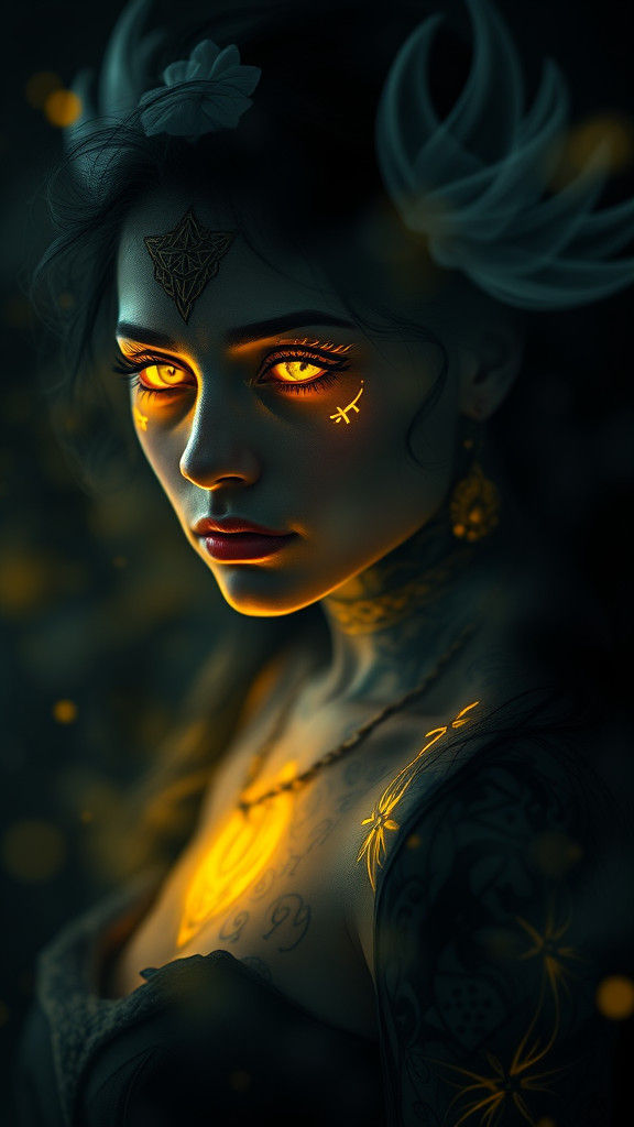 Mysterious Woman with Glowing Runes in Neon Fog
