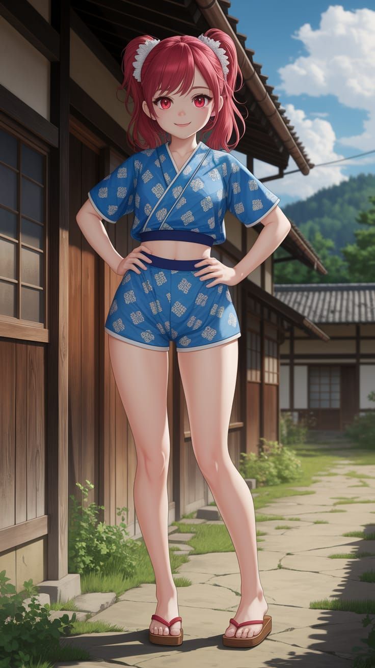 Red-Haired Tomboy in Japanese Village, Anime Style