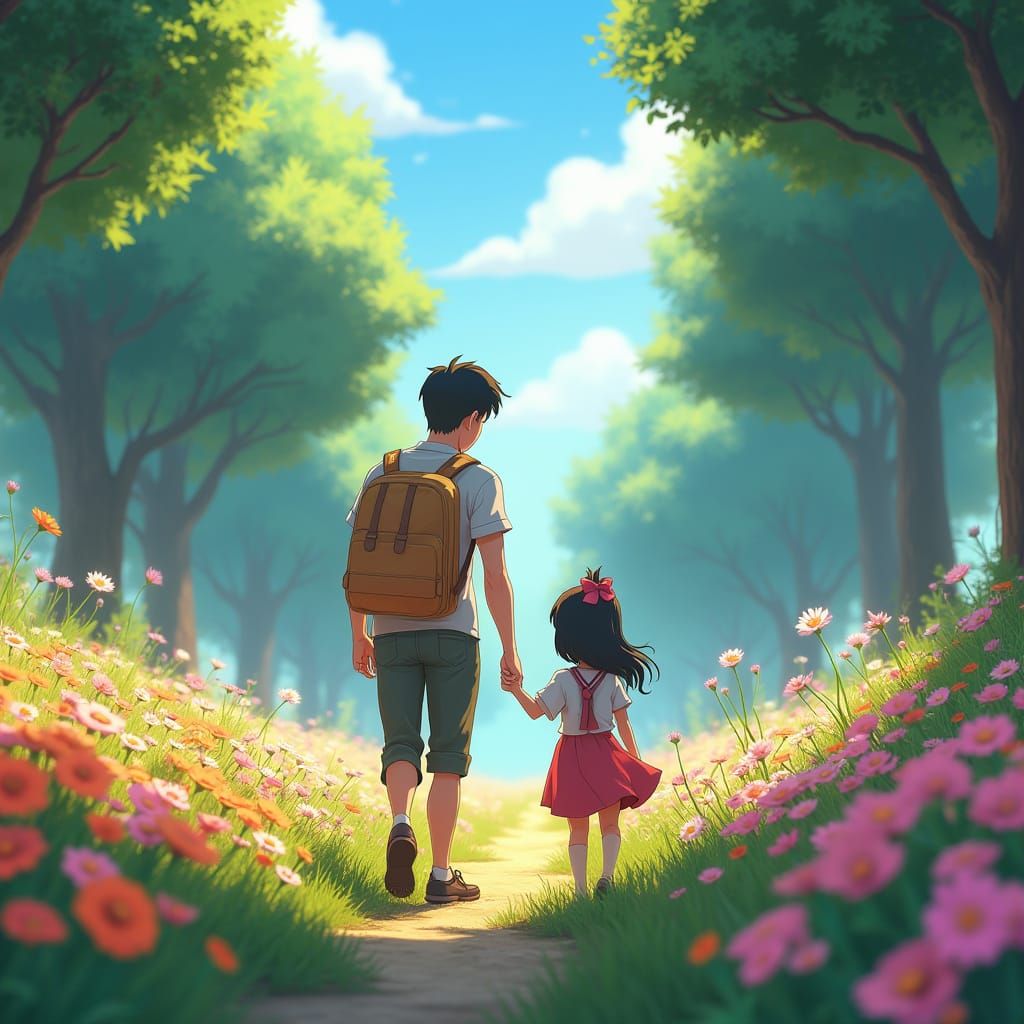 Dad and Daughter Duo in Vibrant Anime Landscape