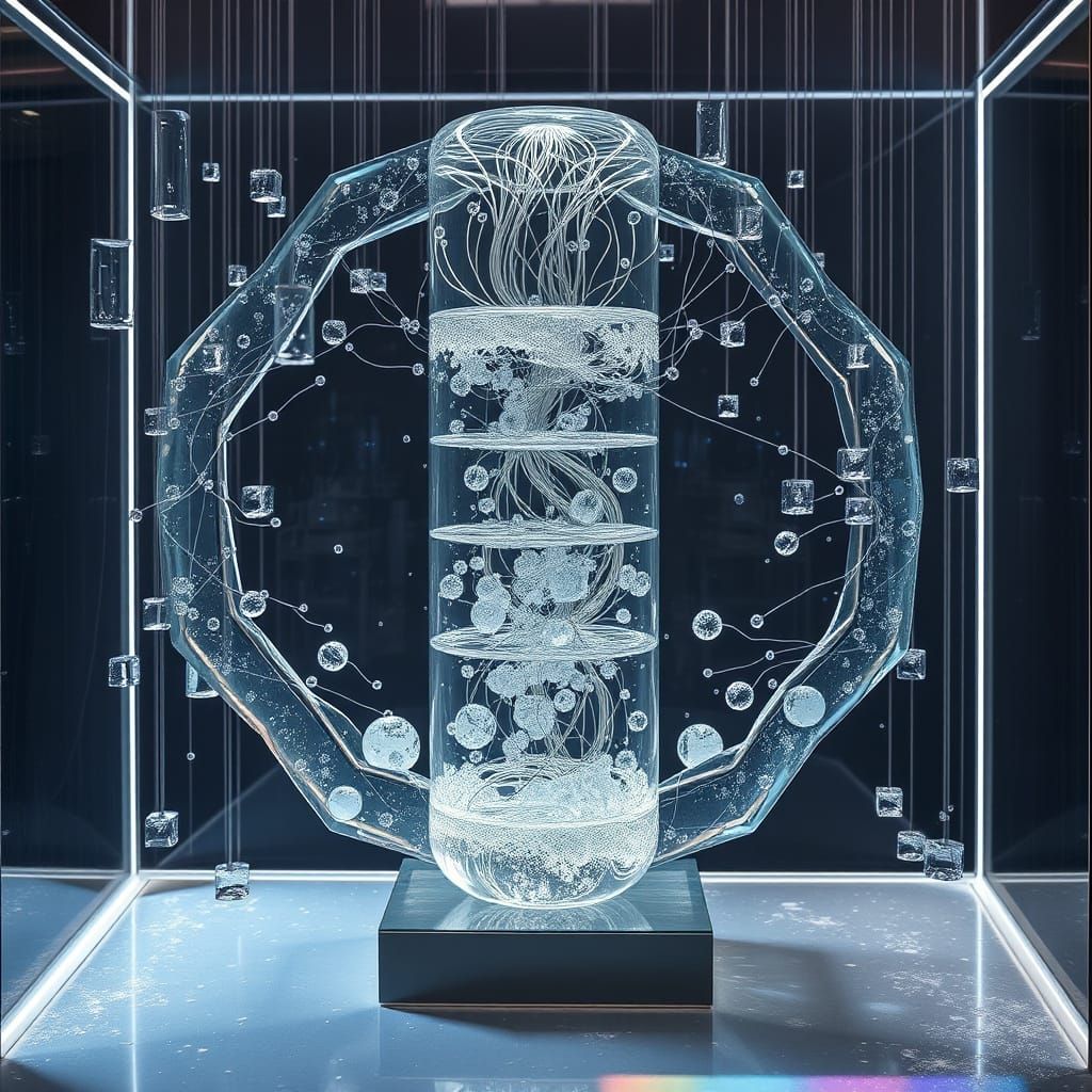 Precision Glass Sculpture with Fractal Wires and Bioluminesc...