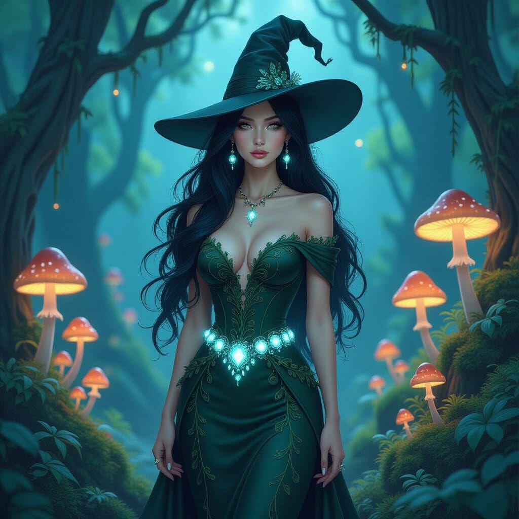 Enchanting Witch in Bioluminescent Grove, Pencil Art