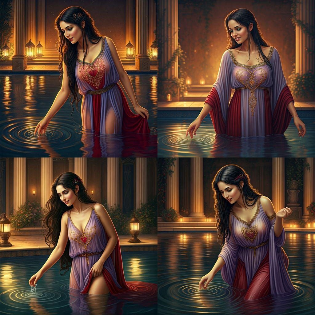 Acolyte of Narissa in Lantern-Lit Pool, Pre-Raphaelite Style