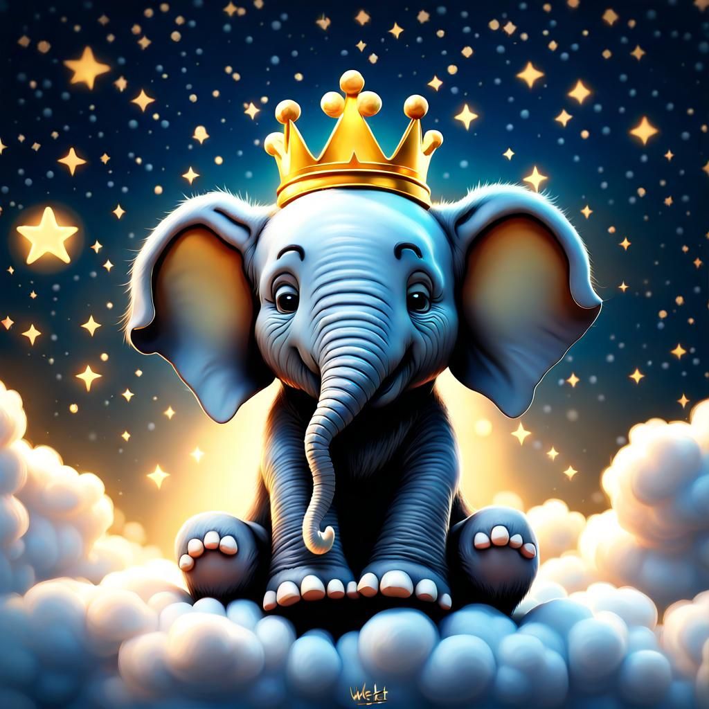 Cute baby Elephant prince sitting on a Clouds