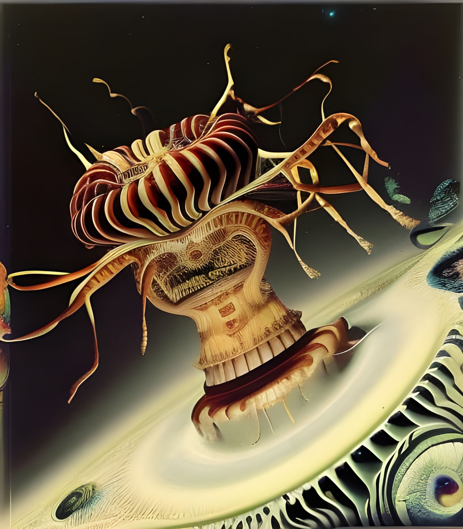 Surreal Multi-Armed Creature in a Vivid Mandelbulb Landscape