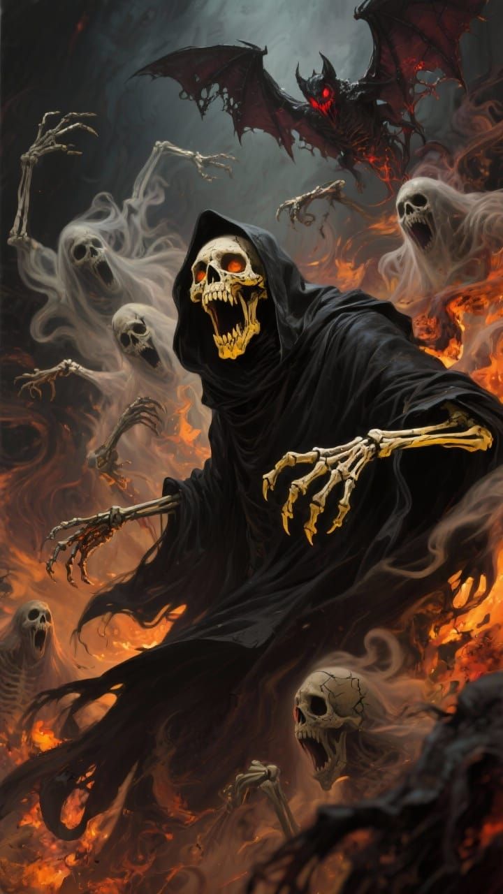 Terrifying Skeletal Reaper Unleashing Ghostly Horrors