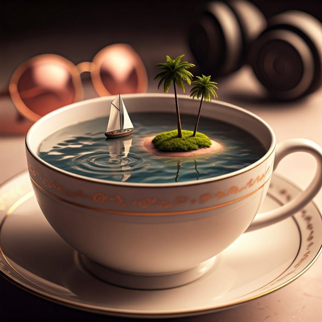 Miniature World in Teacup, Dreamlike Digital Art