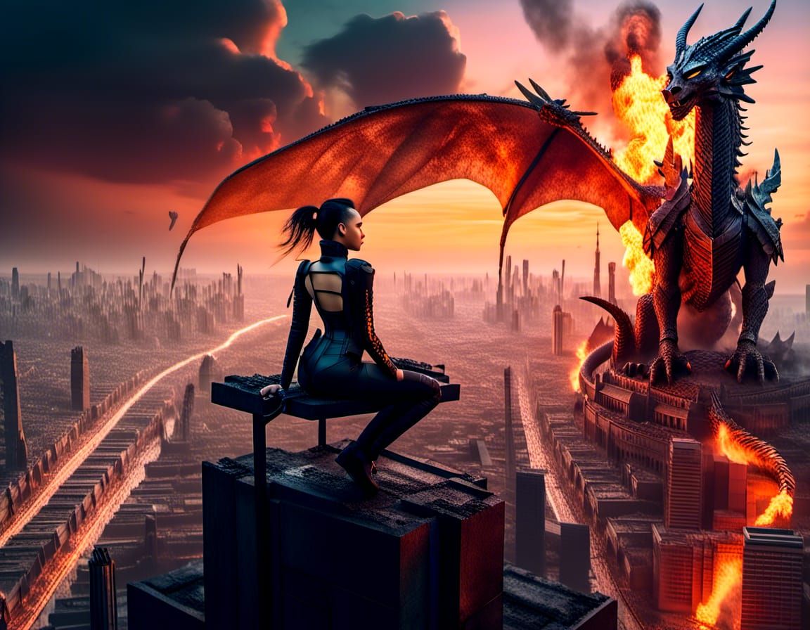 Cyborg Woman on Dragon in Burning City: Cyberpunk Fantasy Ar...