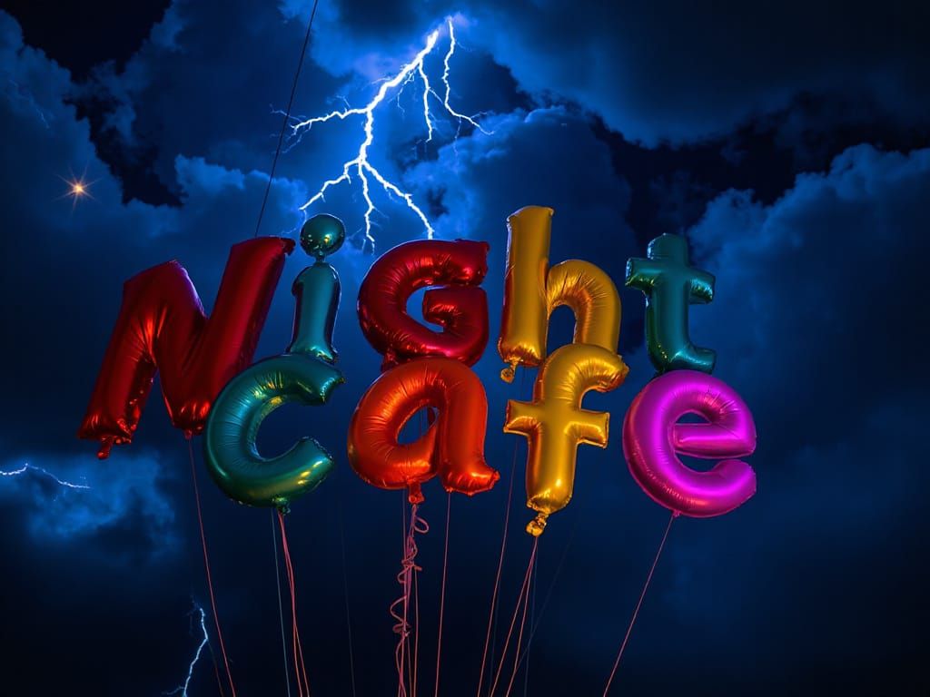 Rainbow Balloon Text in Stormy Night Sky