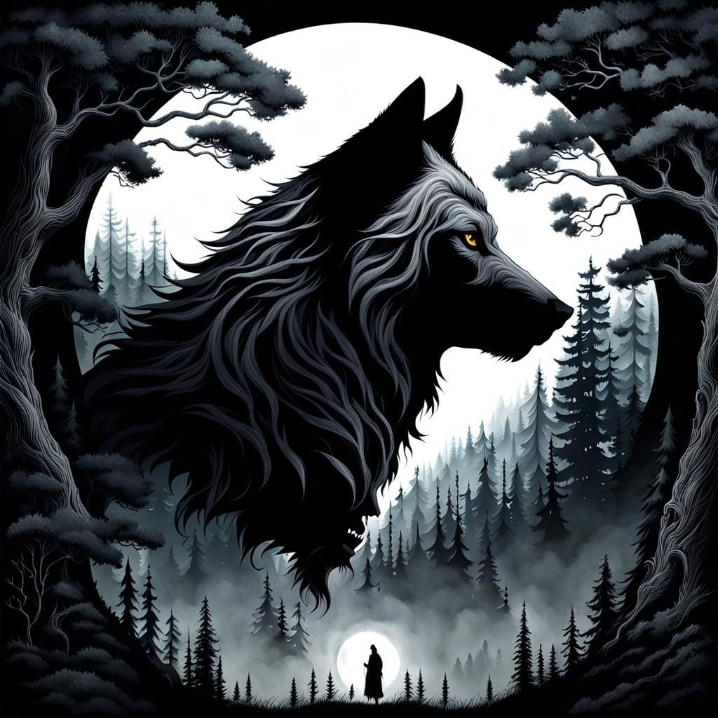 Werewolf Double Exposure: Forest and Moon in Ink