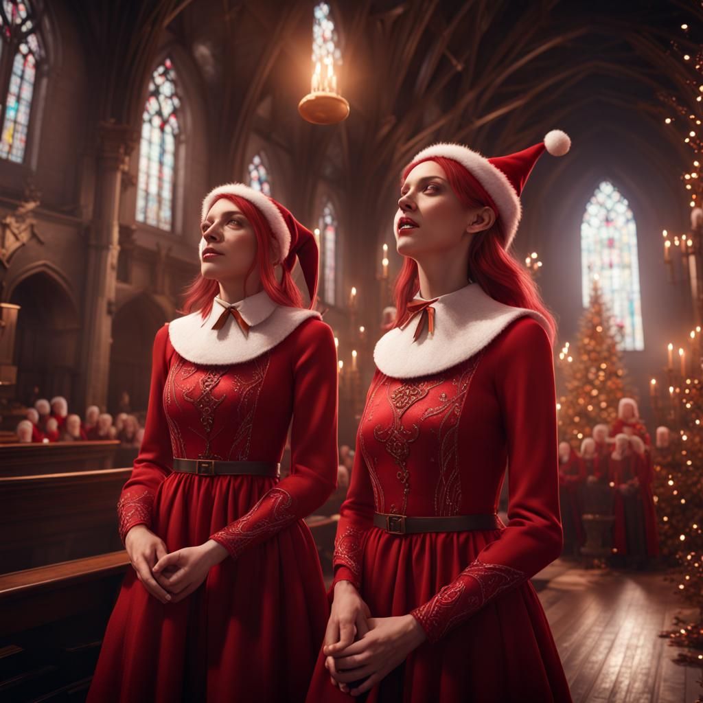 Choir Girls in Red Elf Suits Singing in Church