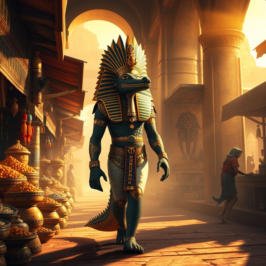 Ancient Egyptian God Sobek Walks through a Bustling Market