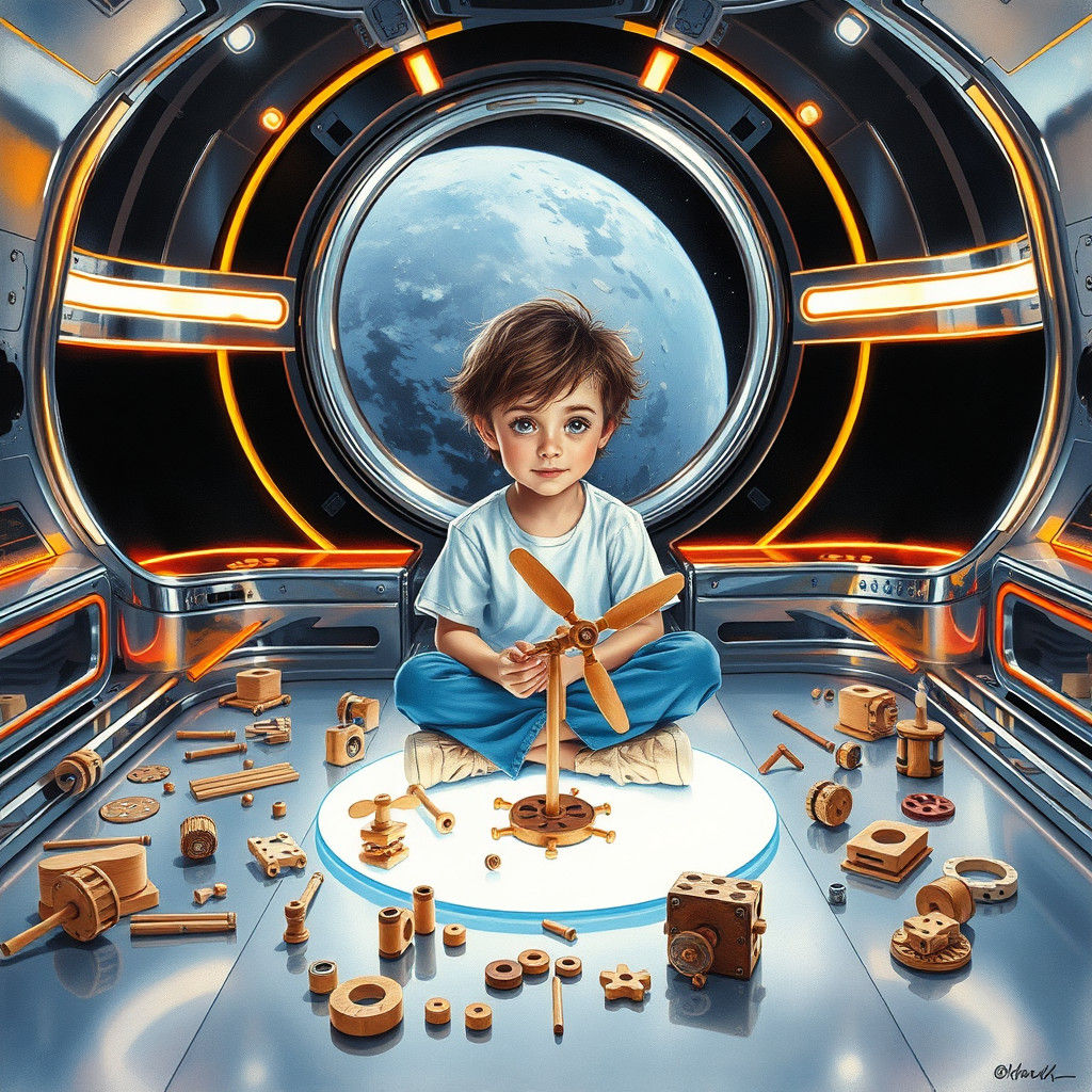 Boy Plays with Toys in Chrome Spaceship, Watercolor Style