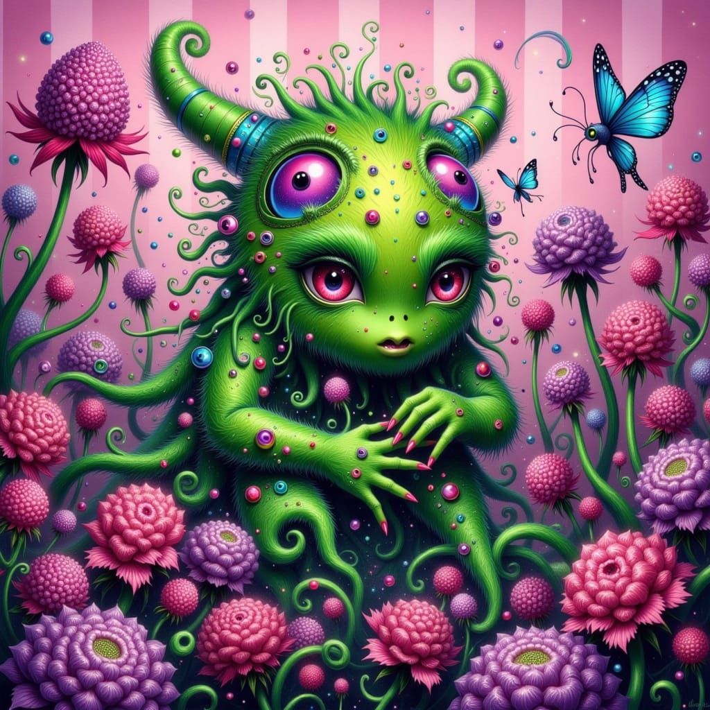 Surreal Berry Monster in Whimsical Gingham Landscape