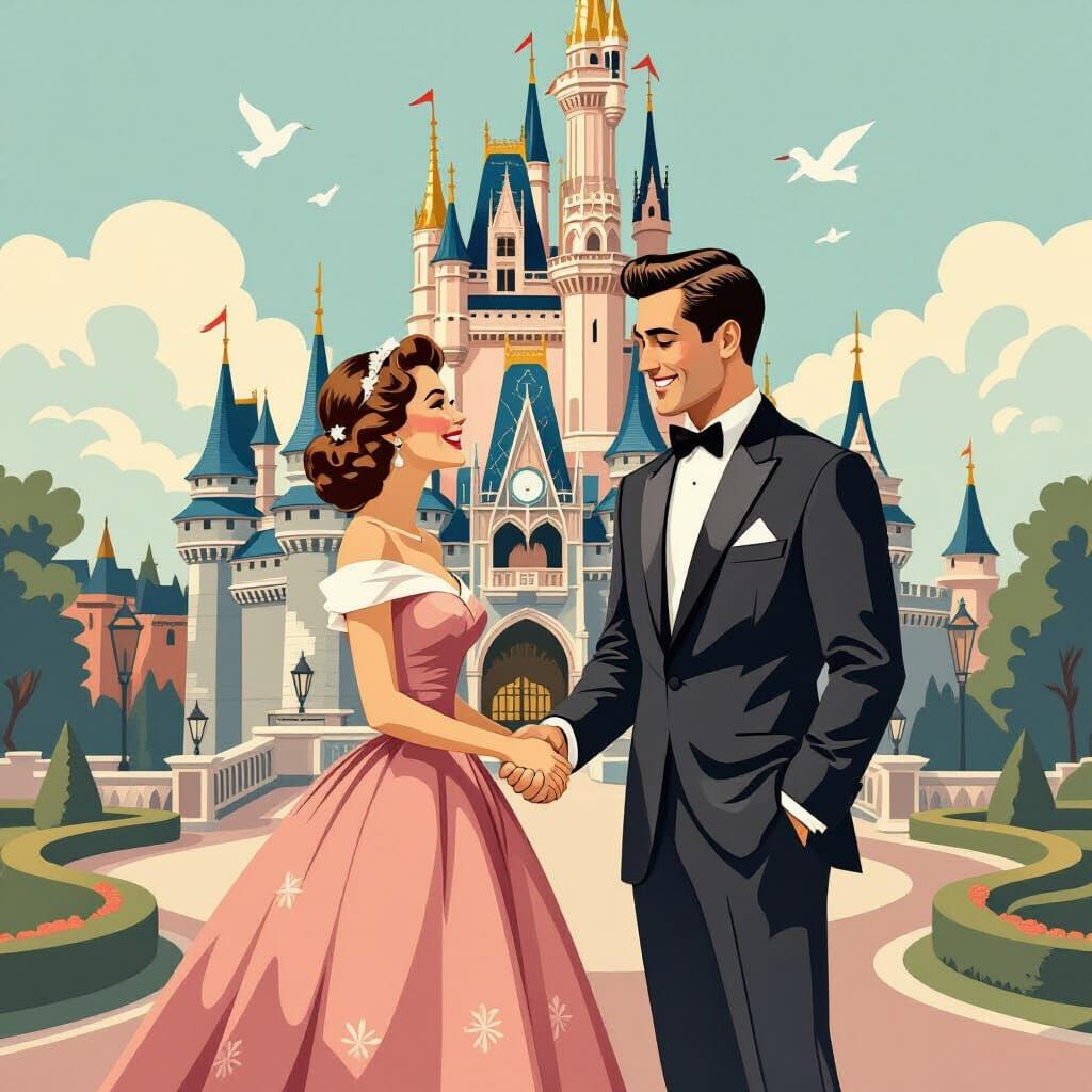 Vintage Couple Before Fairytale Castle in Retro Illustration...
