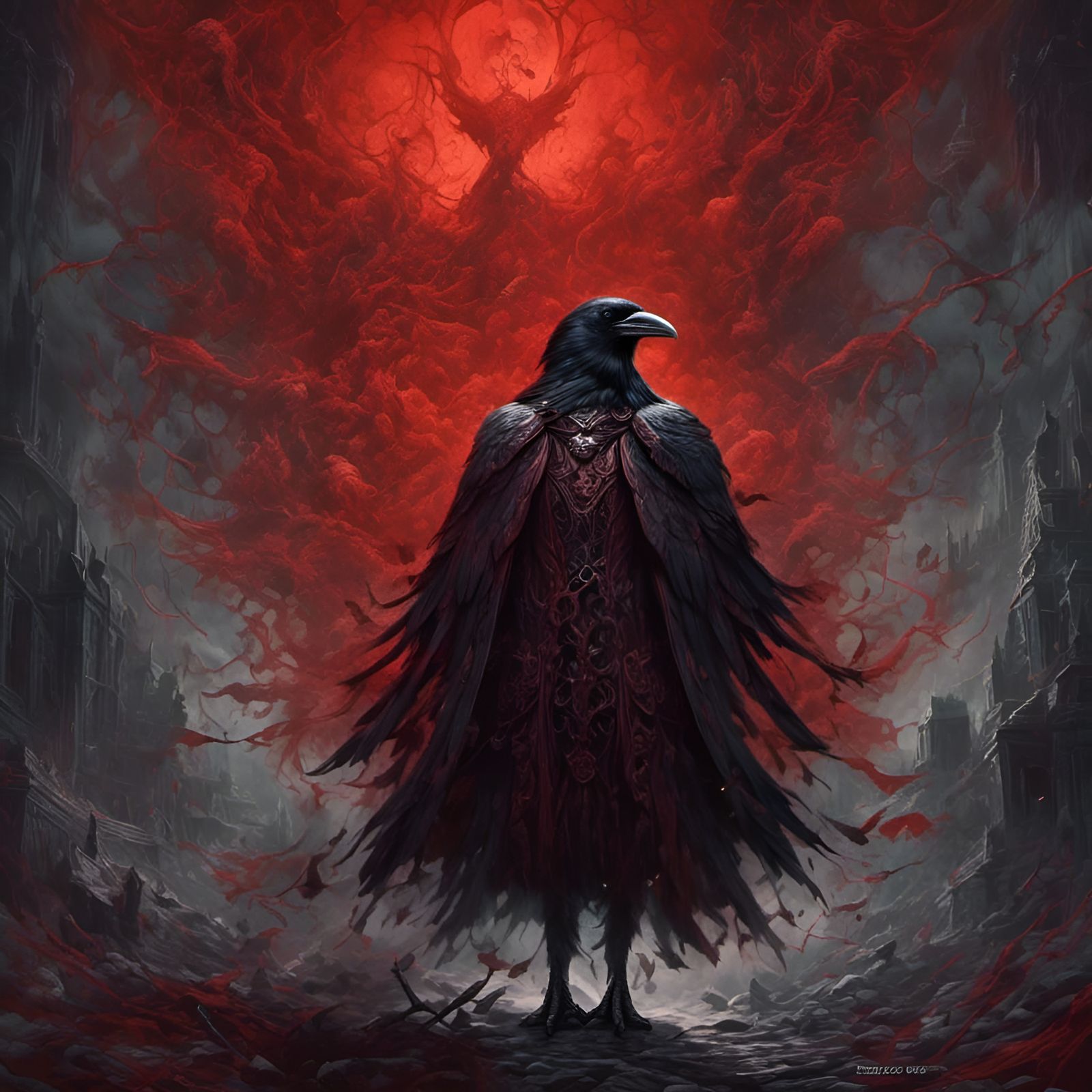 Giant Raven in Mystic Fog, Illustrated in Doré Style