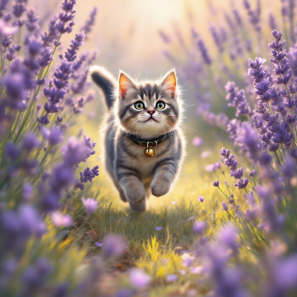 Whimsical British Shorthair Cat Plays in Lavender Field