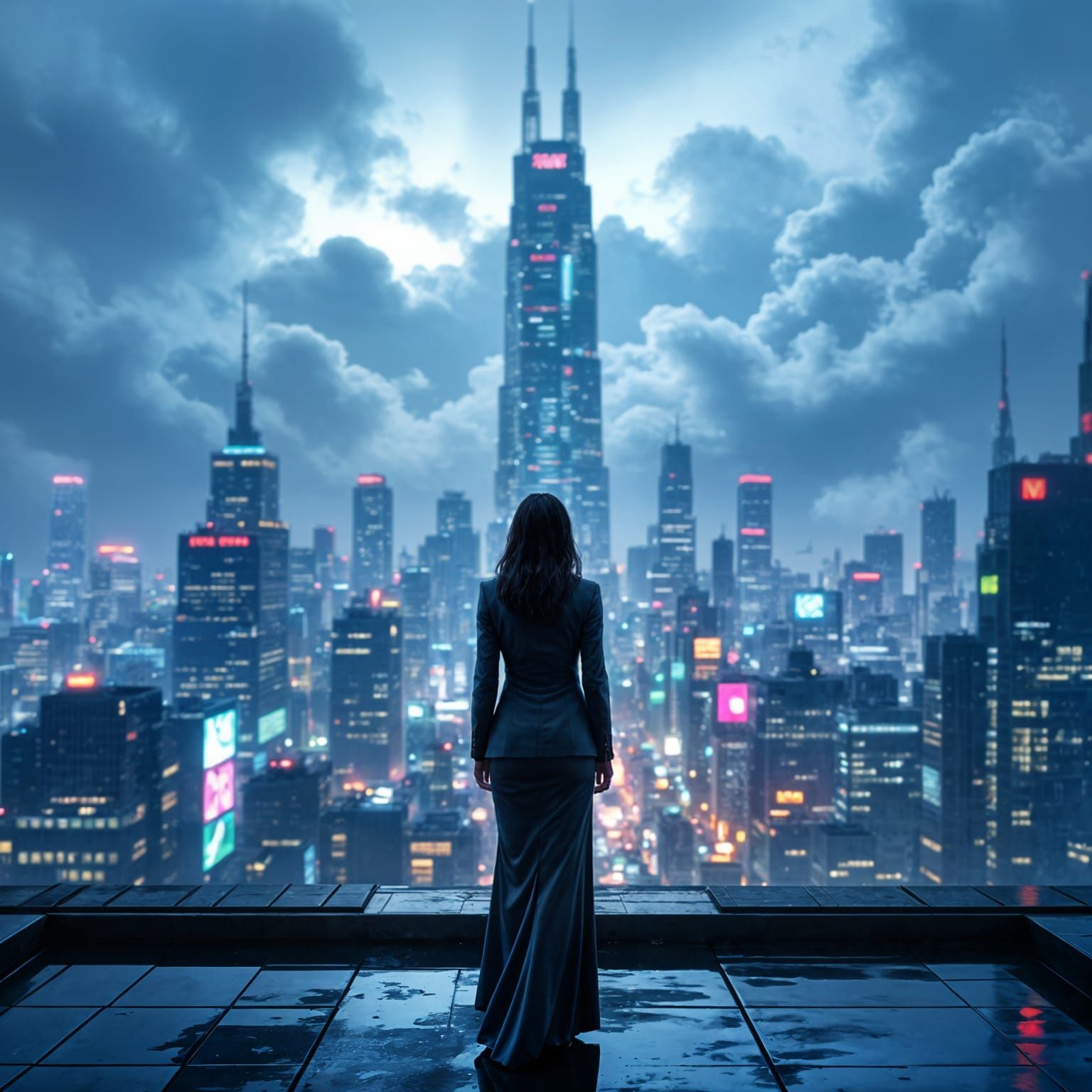 Cyberpunk Businesswoman Overlooking Neon City