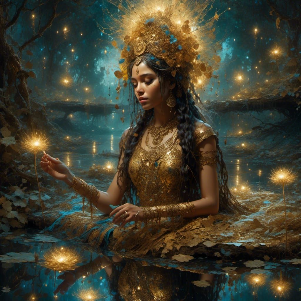 Bioluminescent Indian Princess in Mirrored Reflection