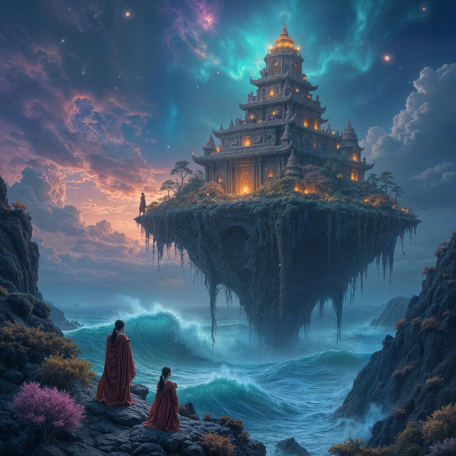 Celestial Coral Temple Above Twilight Ocean
