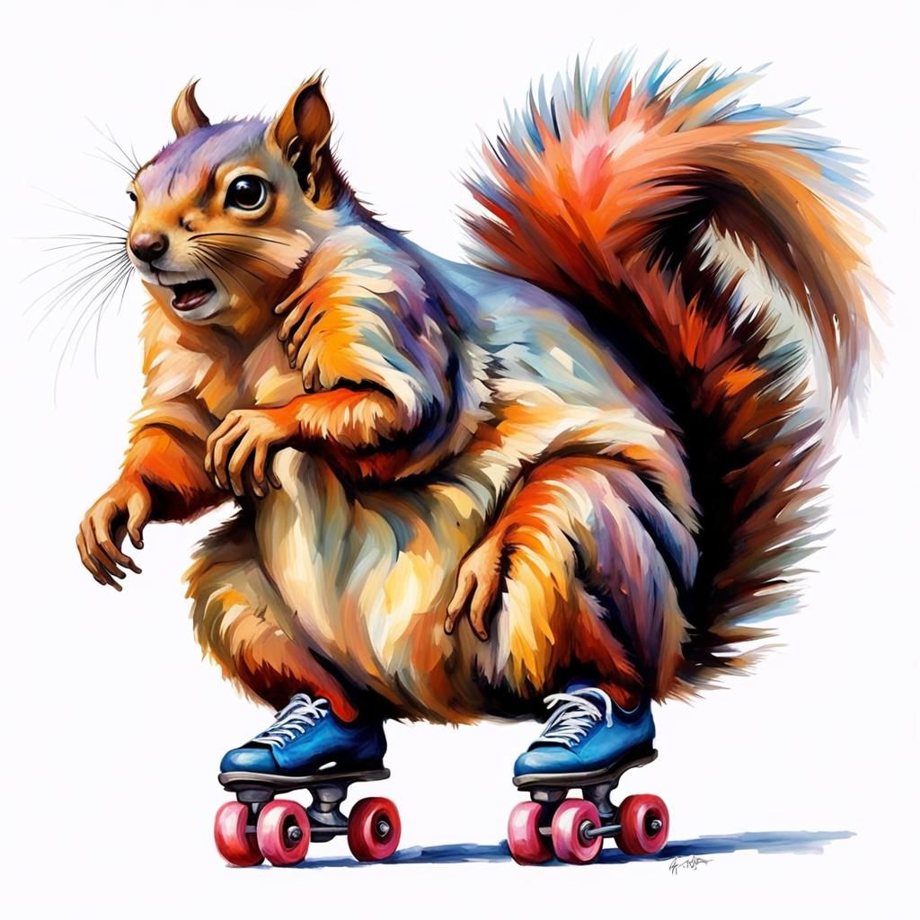 A morbidly obese squirrel on roller skates
