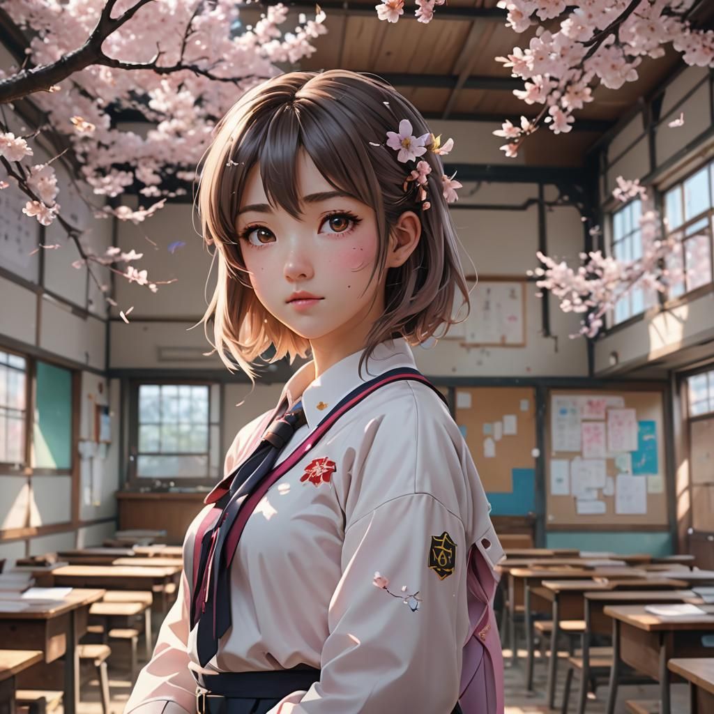 Anime Girl in Abandoned Classroom with Blossoms