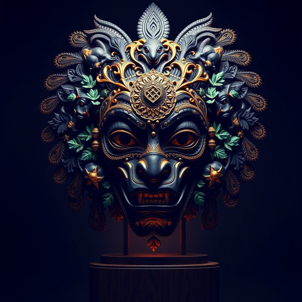 Hyperrealistic African Mask in Rich Wood and Gold Accents