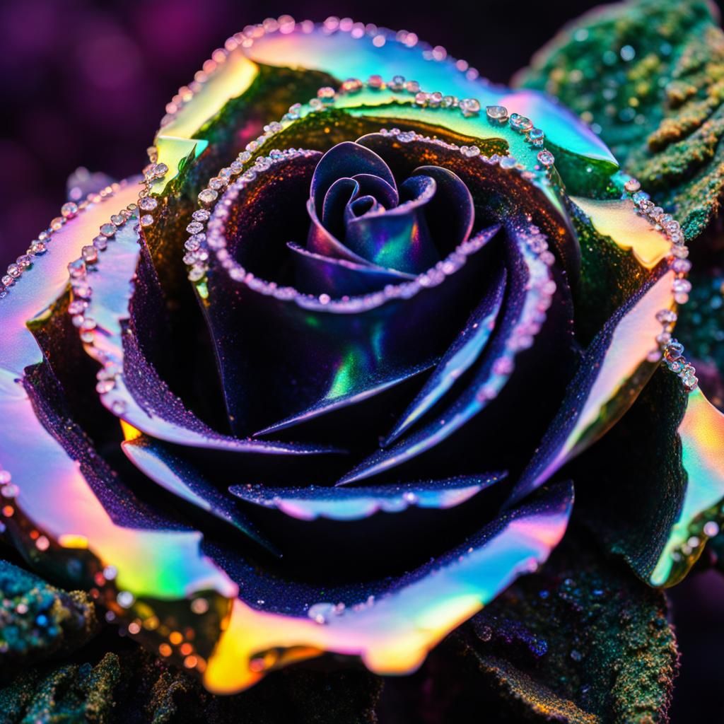 Opalescent Crystal Rose with Sparkling Dew, Hyperrealistic