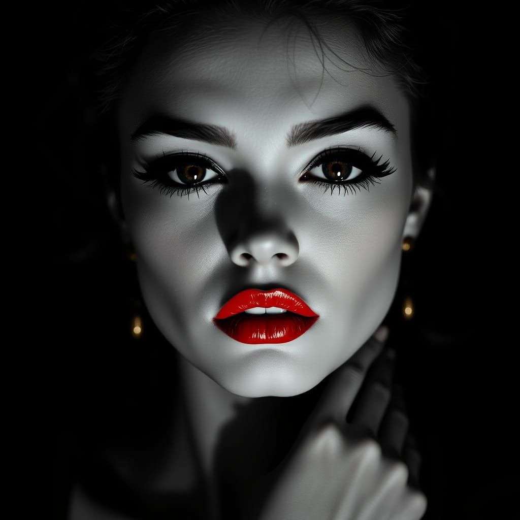 High-Contrast Film Noir Portrait with Vibrant Red Lip Color