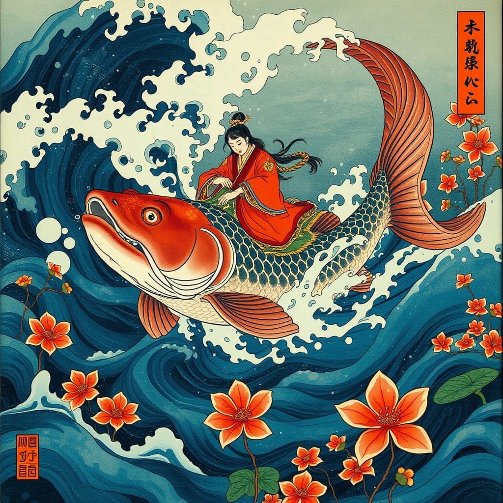 Ethereal Figure Rides Giant Catfish in Ukiyo-e Style